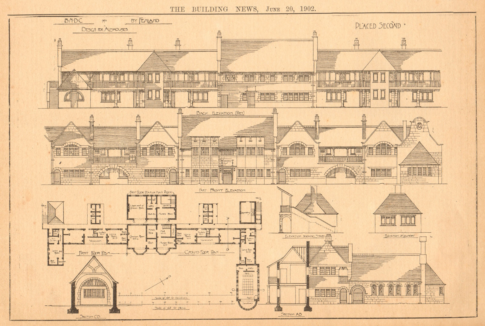 Design for almshouses by Fenland. Elevations & plans 1902 old antique print